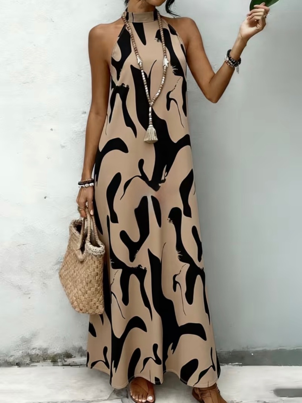 Women’s Abstract Print Halter Maxi Dress Size XL Black Beige Summer Vacation